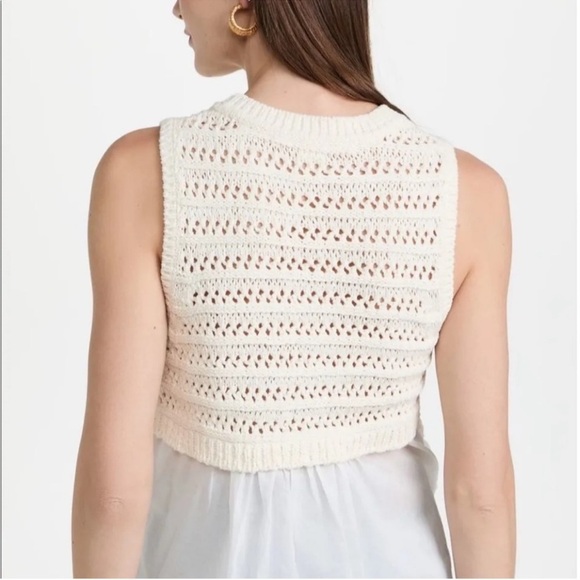 Veronica Beard Ivory Crochet Knit Sleeveless Sweater with Cotton Curved Back Hem - Picture 8 of 12